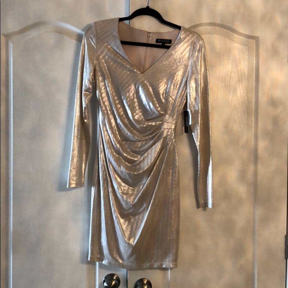Guess Silver Long Sleeve Gathered Cocktail Dress